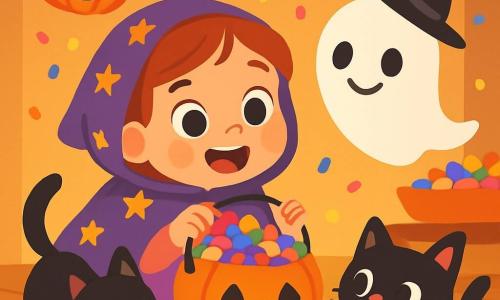 Uma menina de 4 anos, com grandes olhos brilhantes e um sorriso radiante, usa uma capa roxa adornada com estrelas douradas. Ela está agachada, segurando um balde laranja sorridente cheio de doces coloridos, com uma expressão de alegria e empolgação no rosto. Ao lado dela, um fantasma amigável chamado Nino, com olhos redondos e um pequeno chapéu inclinado, flutua suavemente, sorrindo e pronto para ajudar. Um gato preto travesso, chamado Pipo, com um laço verde no pescoço, brinca com um doce, empurrando-o com o nariz. A cena acontece em uma sala aconchegante, decorada com lanternas em forma de abóbora que brilham suavemente e guirlandas de folhas de outono pendendo do teto. O chão é coberto por um tapete macio, e uma mesa está cheia de doces coloridos, criando uma atmosfera festiva e alegre. A situação principal mostra Lara e seus amigos organizando os doces por cor e tamanho, com risadas e sorrisos, enquanto confetes cintilantes caem suavemente ao seu redor, adicionando um toque mágico a essa noite de Halloween.