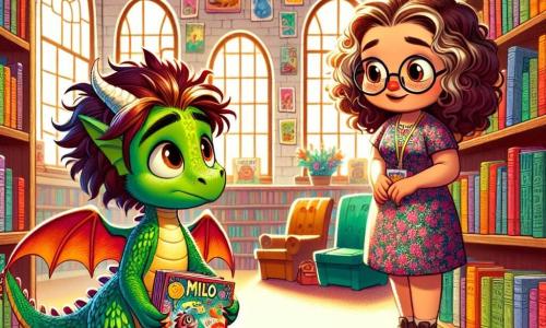Milo, a young dragon with shiny green scales and delicate little wings, stands at the center of the scene, wearing a hesitant expression. His big round eyes reflect a glimmer of worry as he holds a colorful comic book in his small paws. Next to him, Ms. Maple, a teacher with curly brown hair and round glasses, smiles kindly. She is dressed in a floral dress and leans slightly, listening attentively to Milo. In the background, the school library is filled with brightly covered books, wooden shelves, and windows letting in golden sunlight. Colorful posters decorate the walls, depicting animals and fantastical stories. The main situation shows Milo, torn between the joy of having the comic book and the guilt of his little lie, looking at Ms. Maple with a doubtful expression, wondering if he should confess the truth.