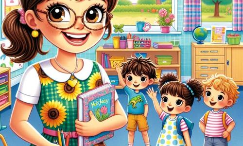 A smiling teacher, Miss Daisy, stands in the center of her bright classroom, wearing a dress with yellow and green sunflower patterns. She has brown hair tied in a ponytail, and her eyes sparkle with excitement and kindness. She holds a colorful storybook in one hand and multicolored crayons in the other, ready to welcome her students. To her right, Max, an 8-year-old boy with round glasses and messy hair, looks at Miss Daisy in awe. He wears a blue t-shirt with a dinosaur print and holds a small notebook where he draws dinosaurs. To Miss Daisy's left, Sara, a 7-year-old girl with curly hair and pink glasses, raises her hand enthusiastically, ready to ask a question. She wears a polka-dot dress and has a curious smile on her face. The classroom is decorated with children's drawings on the walls, with windows letting in sunlight, and colorful wooden desks arranged in a semicircle. The main scene shows Miss Daisy surrounded by her students, ready to start her first lesson, while excitement and curiosity fill the air, creating a joyful and welcoming atmosphere.
