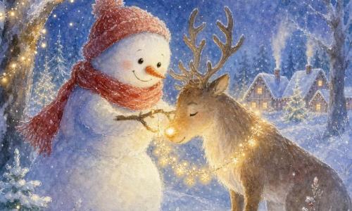 Un muñeco de nieve alegre y bondadoso con gran bufanda roja y nariz de zanahoria sostiene con delicadeza una guirnalda luminosa dorada que ilumina el rostro de un reno cansado pero aliviado; fondo de un pequeño pueblo nevado en un claro boscoso bajo una noche estrellada, nieve impoluta, luna pálida y abetos decorados; escena tierna de ayuda mutua; estilo pastel frío con toques cálidos dorados, texturas acuarela difusas y contornos finos en gel blanco para reflejos de nieve.