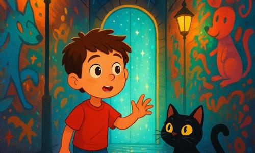 Um garoto de 8 anos, chamado Pedro, com cabelos castanhos bagunçados e olhos cheios de curiosidade, está no centro de um beco misterioso. Seu rosto expressa admiração, com as bochechas levemente rosadas, enquanto ele observa uma porta de vidro cintilante. Ao lado dele, uma gata preta de olhos dourados, com pelagem brilhante, está com uma atitude travessa, como se soubesse um segredo. O beco é estreito, cercado por muros cobertos de grafites coloridos, onde animais fantásticos parecem dançar sob a luz dos lampiões. Gotas de chuva começam a cair, criando reflexos brilhantes no pavimento. Pedro, fascinado, estende a mão em direção à porta de vidro, pronto para descobrir o mistério que o aguarda atrás dela.