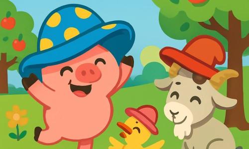 A round and cheerful pink pig named Ollie, with a big smile and sparkling eyes, wears a huge blue polka-dot hat that falls over his eyes. He is dancing in the green grass, surrounded by colorful flowers. Next to him, a small yellow canary named Daisy, with shiny feathers and a little pink hat slipping off her head, quacks joyfully while flapping her wings. A sleeping goat named Max, with soft fur and curved horns, wears a large red hat tilted to one side, sitting under an apple tree, a bit apart but smiling at his friends. The scene takes place in a sunny field, with fruit trees in the background, fluffy clouds in a light blue sky, and farm animals watching them with amusement. The three friends enjoy trying on funny hats, laughing and playing together in a joyful and festive atmosphere.