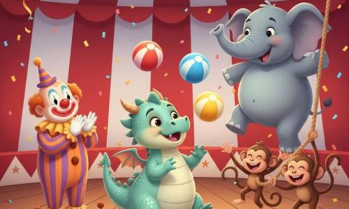 Mic dragon Pufy rotund cu aripi pufoase și solzi pastel albastru‑verzui jonglează stângaci cu trei mingi mari colorate în centru; clovnul Bobo cu nas roșu și zâmbet aplaudă în stânga; elefantul Jumbo, mare și dolofan, face un pas de dans în fundal; trei maimuțe brune prind o minge legănându-se pe o frânghie; cort de circ cu dungi roșii și albe, podea din lemn, ghirlande luminoase și confetti; scenă comică și luminoasă, haos vesel, culori vii și atmosferă caldă.