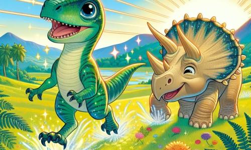 A velociraptor named Rappy, with green scales and sparkling eyes full of joy, is running at full speed across a field of colorful flowers, his expression one of excitement and happiness. Next to him, Trudy, a triceratops with three majestic horns and beige skin, is laughing at him, her feet planted in the grass, ready to join him in his run. The setting is a vast sunny plain, dotted with large ferns and distant mountains under a bright blue sky. The scene shows Rappy and Trudy playing together, Rappy spinning around with a magical sparkle, while rays of sunlight illuminate their joyful adventure.