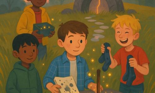 Four boys—Milo (≈11, short brown hair, blue plaid shirt) at the center holding a wet notebook with dried black ink spots, Jasper (≈11, tousled blond, red tee) to his right laughing and pointing to a pair of wet socks on the grass, Theo (≈11, slick black hair, green sweatshirt) to his left with hands in his pockets and a small smile, and Arun (≈11, curly hair, yellow jacket) behind Milo holding an open box of glowing fireflies—stand on a grassy hill at sunset before a half-buried stone arch with a thin luminous crack; Milo watches fireflies floating around a rusty iron bar on a stone table, a small clock without hands lies nearby, golden sunset light contrasts with the fireflies’ glow, damp atmosphere with reflective puddles and a few white stones leading into soft-shaped trees.