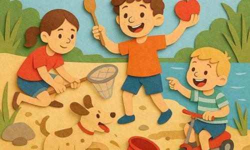 A mischievous 6-year-old boy with curly brown hair and freckles holds a wooden spoon like a stick and proudly brandishes a red apple; to his left his serious-but-smiling 7-year-old sister with chestnut hair in a ponytail, wearing jean shorts, crouches at the shore with a butterfly net trying to retrieve a fallen red bucket; to his right their joyful chubby 3-year-old little brother with short blond hair in a striped tee pushes a small scooter while laughing and pointing at the floating bucket; a playful medium-sized beige-spotted dog named Daisy, tongue out, knocks over buckets and tries to grab the apple; sunny riverbank with pale sand, rounded rocks, tall grass and a flat stone where three stacked buckets (green, yellow, red) topple, with splashes and brown mud; scene shows a traffic-light game—red bucket in the water, apple standing in for the bucket, children laughing in a colorful, dynamic mess; visual style: paper-cut shapes, bright colors and paper textures, soft outlines, delicate shadows and exaggerated joyful expressions.