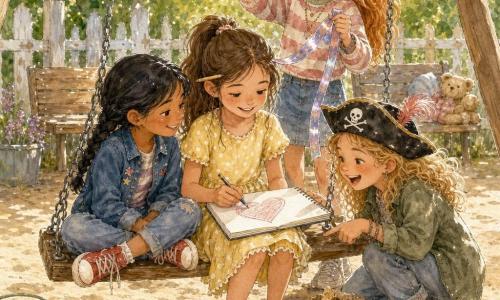 Four girls, about 9 years old, sit and stand around a wooden swing on a sunny playground: a brown-haired girl with a ponytail and a pencil behind her ear wears a pale yellow polka-dot dress and sits center on the swing drawing a large heart in an open notebook; a tan-skinned girl with braided black hair, a blue jacket and red sneakers sits left, smiling at the page with legs crossed on the swing; a curly blond girl in a felt pirate hat and green jacket crouches right, laughing and pointing at a small paper bag of snacks; a freckled redhead in a denim skirt and striped sweater stands behind the swings holding a shiny ribbon and waving as if directing the "meeting"; the scene is warm and intimate on sandy textured ground with green trees, a slightly worn white fence and wooden benches in the background, pastel watercolor palette with gel-pen highlights, snacks and notebook crumbs adding playful detail as they plan a Father's Day celebration.