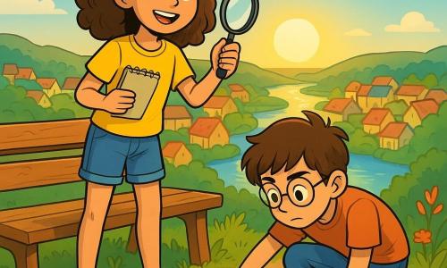 A 12-year-old girl, Ivy, stands on a wooden bench, her eyes shining with curiosity and excitement. She has curly brown hair, a bright yellow t-shirt, and denim shorts, holding a magnifying glass in one hand and a notebook in the other, ready to solve a mystery. Next to her, her friend Noah, also 12, with round glasses and messy brown hair, closely examines a shoe print in the ground, leaning forward with a focused expression. Their setting is a lookout over a picturesque small town, with colorful tiled roofs and a sparkling river below, bathed in the golden light of the setting sun. Wildflowers grow around the bench, adding splashes of color to the scene. Ivy and Noah are investigating clues to solve the mystery of the missing binoculars, surrounded by an atmosphere of adventure and camaraderie, with birds singing in the blue sky.