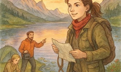 A determined woman, Emma, with bright eyes, a confident smile, chestnut hair in a ponytail, worn khaki jacket, red scarf and canvas backpack, crouches on a rock by a mountain mirror lake holding a crumpled map and coiling a rope while setting a small radio; below at the camp near a green tent a man in his mid-30s with a short beard and orange jacket gestures toward her holding a handheld radio, and to his left a woman in her early 30s with a blonde braid and muddy hiking boots cleans a compass beside a small campfire; the scene shows lily pads, mossy stumps, a clear stream from a flower-filled valley and jagged peaks at sunset with orange and violet skies reflected in the water.