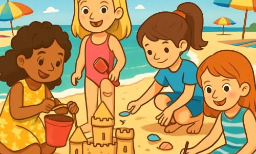 There are four children: Ellie, a 10-year-old girl with curly brown hair wearing a yellow flowered dress, sitting on the sand with a bucket, building a sandcastle; Mia, a 10-year-old girl with straight blonde hair in a pink swimsuit, standing next to Ellie with a shovel and smiling enthusiastically; Sophie, a 10-year-old girl with brown hair in a ponytail, wearing denim shorts and a blue t-shirt, crouching down to pick up seashells on the shore; and Ava, a 10-year-old girl with red hair and freckles in a striped dress, sitting on a beach towel drawing fish in the sand with a stick. The main setting is a sunny beach with turquoise waves gently crashing on the shore, a bright blue sky dotted with fluffy white clouds, and colorful umbrellas and beach towels scattered on the golden sand, creating a joyful summer atmosphere. The main scene shows the four friends having fun together at the beach, building a large sandcastle, laughing, sharing seashells, and enjoying the warmth of the sun and the sea breeze.