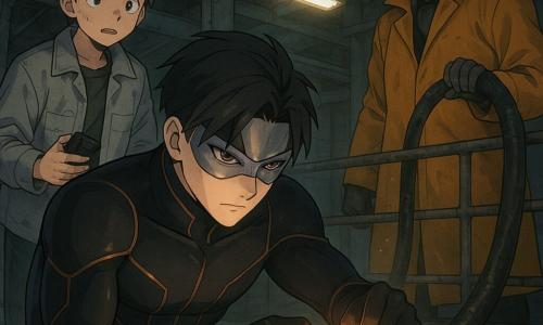 A heroic man, Vesper Quill, calm and focused with a determined face and eyes behind a silver half‑mask, in a matte black suit with thin copper lines, weaves a glowing golden filament (Solar Thread) with gloved hands to seal a dark pipe, low and tense as the light casts copper highlights on his face; a pale, relieved 13‑year‑old boy, Kellan, with light brown spiky hair and an oversized maintenance jacket stands just behind him holding a small black charger stained with gel; in the background right, the antagonist Drip Regent, tall in a glossy salmon‑yellow raincoat with a disheveled angry smile, holds a thick pipe leaking dark viscous substance but remains distant; the setting is a hopper under a city bridge with rusted gray beams, pipes, a narrow platform and flickering fluorescents, damp but safe; the scene emphasizes Vesper carefully repairing the line with the light ribbon that solidifies the gel, strong contrast between warm filament light and cold tunnel shadow, dynamic diagonal composition, teamwork and controlled tension, clean manga style with crisp lines, saturated child‑friendly colors and cinematic lighting, no graphic violence.