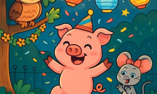 Um porquinho rosa, com olhos brilhantes de alegria e um sorriso radiante, dança no centro de uma praça iluminada por lanternas coloridas. Ele usa um pequeno chapéu festivo e confetes voam ao seu redor enquanto ele salta alegremente na grama verde. À sua direita, um ratinho cinza, com grandes orelhas e um laço vermelho na cabeça, aplaude entusiasticamente, seus olhos brilhando de felicidade. Ele está em cima de uma pedrinha, incentivando seu amigo com um grande sorriso. À esquerda, uma coruja sábia com penas marrons, empoleirada em um galho, observa a cena com um olhar divertido, seus olhos redondos e curiosos brilhando sob as luzes. A praça é decorada com guirlandas de flores e lanternas cintilantes, com uma grande árvore no centro, suas ramas carregadas de enfeites coloridos. Estrelas brilham no céu noturno, adicionando um toque mágico à atmosfera festiva. A cena principal mostra o porquinho e seus amigos celebrando juntos o Ano Novo, dançando e rindo, cercados por cores vibrantes e alegria, criando uma atmosfera de festa calorosa e alegre.