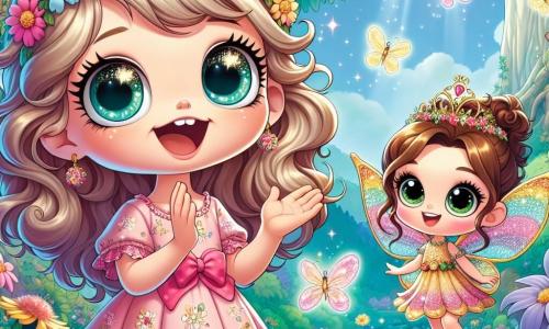 Uma menina de 6 anos, chamada Lila, está no centro da imagem, com grandes olhos brilhantes e um sorriso radiante. Ela tem cabelos cacheados de cor castanho claro, adornados com uma pequena coroa de flores coloridas. Vestindo um vestido rosa com padrões de flores, ela parece cheia de excitação e curiosidade, levantando os braços como se tivesse descoberto um tesouro. Ao seu lado, uma pequena fada chamada Brilho, que mede cerca de 15 cm, flutua no ar. Ela tem asas cintilantes e cabelos dourados, usando um vestido feito de pétalas de flores. Brilho sorri alegremente, segurando uma pequena varinha mágica que emite faíscas luminosas. O ambiente é uma ilha encantada, com árvores majestosas e folhas verdes brilhantes. Flores multicoloridas crescem por toda parte, e um céu azul claro é salpicado de nuvens brancas fofas. Ao longe, vê-se uma caverna misteriosa iluminada por luzes dançantes. A cena principal mostra Lila e Brilho diante de um grande portal de pedra, decorado com padrões florais e enigmas dourados. Lila, determinada, está resolvendo o enigma para entrar na floresta mágica em busca da Pedra do Coração.