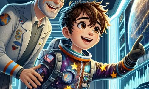 Um jovem garoto chamado Pedro, de 11 anos, está no centro da imagem, com os olhos brilhando de excitação. Ele tem cabelos castanhos bagunçados e usa um traje espacial colorido, com estrelas e planetas desenhados. Ele aponta para uma tela de controle, exibindo dados espaciais, com um grande sorriso no rosto, mostrando sua determinação de se tornar astronauta. Ao seu lado, o Sr. Carlos, um homem na casa dos quarenta anos, veste um verdadeiro uniforme de astronauta. Ele tem cabelos curtos e grisalhos e usa óculos. Ele se inclina levemente em direção a Pedro, encorajando-o com um olhar orgulhoso, enquanto aponta para um gráfico na tela. O cenário se passa em uma sala de controle futurista do Centro Espacial, com paredes de metal brilhante e grandes telas mostrando imagens da Terra e das estrelas. Luzes piscam e painéis de controle são visíveis ao redor, criando uma atmosfera dinâmica e inspiradora. A situação principal mostra Pedro e o Sr. Carlos trabalhando juntos para resolver um problema técnico na tela, ilustrando o espírito de equipe e a aventura da exploração espacial.