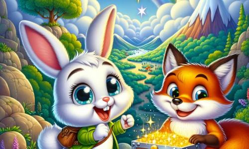 In primo piano, un piccolo coniglio bianco di nome Bobo, con occhi blu scintillanti e lunghe orecchie, salta di gioia con un grande sorriso sul volto, tenendo una mappa del tesoro tra le zampe anteriori. Accanto a lui, una vecchia volpe astuta di nome Volpino, con un pelo rosso acceso e occhi maliziosi, sorride guardandolo, seduta su una pietra, dandogli consigli con un'espressione saggia e incoraggiante. Il paesaggio è in cima a una maestosa montagna, circondata da nuvole soffici e un arcobaleno splendente che illumina il cielo, mentre in basso si estende una valle verdeggiante, punteggiata di fiori colorati. La scena principale mostra Bobo, il piccolo avventuriero, che scopre un tesoro magico in un cofanetto scintillante, con stelle brillanti e pagine di libro che si animano intorno a lui, simboleggiando le meravigliose storie che lo aspettano.