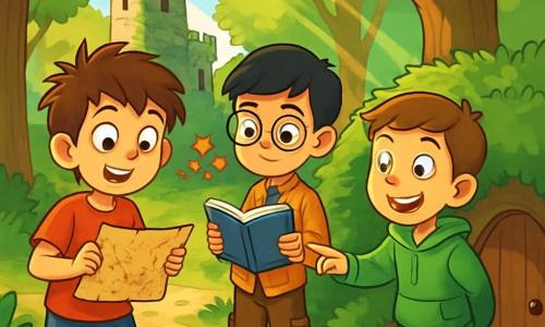 Hay 3 personajes: - Lucas: Un niño de 10 años, con el cabello castaño desordenado y ojos brillantes de curiosidad. Lleva una camiseta roja y un pantalón corto azul, y sostiene un viejo trozo de mapa del tesoro en sus manos. - Mateo: Un niño de 10 años, con el cabello negro y liso, que usa gafas redondas. Lleva una camisa de cuadros y un pantalón cargo, y mira atentamente un cuaderno que sostiene. - Andrés: Un niño de 10 años, con cabello castaño y una gran sonrisa. Lleva una sudadera verde y jeans, y está señalando una puerta secreta oculta detrás de unos arbustos. El lugar se desarrolla en un claro del bosque, rodeado de majestuosos árboles con hojas verdes brillantes. En el centro, un pequeño castillo de piedra cubierto de hiedra se alza orgulloso, con flores coloridas creciendo a su alrededor. La luz del sol filtra a través de las ramas, creando sombras danzantes en el suelo. La situación principal muestra a los tres amigos, asombrados, descubriendo una puerta secreta camuflada en la colina, con sus rostros iluminados por la emoción de la aventura. Los detalles de la escena evocan un sentimiento de misterio y magia, con rayos de luz que destacan su descubrimiento.