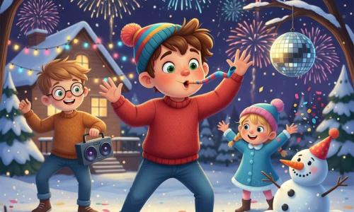 A joyful 10-year-old boy with a round freckled face, tousled brown hair and bright green eyes wears a red sweater, jeans and a colorful beanie while blowing a party whistle and dancing in the snowy backyard foreground; an 11-year-old friend with chestnut hair and round glasses dances left holding a portable speaker, and a small 7-year-old girl with braided blonde hair, rosy cheeks and a blue winter dress with a pompom hat throws confetti near a comically collapsing snowman wearing a red party hat and crooked carrot nose; the scene is a New Year’s countdown celebration with multicolored garlands and warm lights on the house, a silver disco ball in a tree, sparkling snow and confetti on the ground, colorful fireworks in the night sky, glitter falling like snow, saturated palette, smooth textures, soft shadows and reflections on the disco ball, composition centered on the 10-year-old boy.
