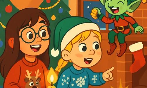 Er zijn 3 personages: - Noor: een 9-jarig meisje met lange bruine haren en ronde bril. Ze draagt een rode kersttrui met een rendier en glimlacht vrolijk. Ze staat links met een brandende kaars. - Lotte: een 9-jarig meisje met blonde vlechten en roze wangen. Ze draagt een groene kerstmuts en een trui met sneeuwvlokpatronen. Ze staat in het midden en kijkt enthousiast naar Noor. - Finn: een ondeugende elf, klein en speels, met groene huid en puntige oren. Hij draagt een rood en groene kostuum met een gouden riem. Hij zit op de vensterbank, lachend en zwaaiend met een kleine bel. De locatie is een gezellige woonkamer versierd voor kerst. Een groot raam laat zacht licht binnen van de vallende sneeuw. Een prachtige kerstboom straalt in het midden, versierd met glinsterende slingers en kleurrijke ballen. Cadeaus liggen verspreid rond de boom, en kerstkousen hangen aan de open haard. De belangrijkste situatie toont Noor en Lotte, verwonderd, terwijl ze op zoek zijn naar cadeaus verstopt door Finn, de ondeugende elf. Noor verlicht de kamer met haar kaars, terwijl Lotte naar een glinsterend spoor wijst bij de open haard. Finn, de elf, kijkt hen met een grote glimlach toe, klaar om hen een nieuwe uitdaging te geven.