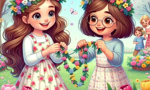 Una ragazza di 12 anni, Sofia, con lunghi capelli castani ondulati e occhi pieni di curiosità, sta creando una ghirlanda di fiori colorati. Indossa un vestito leggero a fiori e un sorriso radioso illumina il suo viso, mostrando il suo entusiasmo per la primavera. Accanto a lei, la sua migliore amica Giulia, anch'essa di 12 anni, con capelli biondi corti e occhiali rotondi, la aiuta tenendo fiori tra le mani, ridendo gioiosamente. L'ambiente è un parco vibrante di colori, pieno di tulipani, alberi in fiore e famiglie che si riuniscono per celebrare il Festival della Primavera. Il cielo è blu brillante, punteggiato di nuvole bianche, mentre gli uccelli cantano felici tra i rami. La scena principale mostra Sofia e Giulia, circondate da fiori, mentre intrecciano insieme una ghirlanda, simboleggiando la loro amicizia e la bellezza della stagione primaverile.
