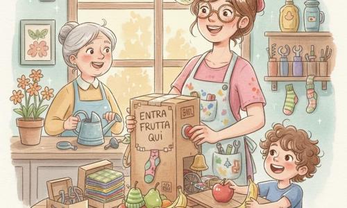 Ada, inventrice sorridente e sognante, capelli castani raccolti con una molletta e un foglio dietro l’orecchio, tiene un cartone decorato “ENTRA FRUTTA QUI” e preme un grosso pulsante rosso; indossa un grembiule macchiato di vernice, occhiali tondi storti, tasche piene di attrezzi e calzini colorati. Accanto a lei, a destra, Leo, bimbo di circa 6 anni coi ricci e gli occhi vivaci, ride mentre spinge una mela su una tavola; a sinistra, la signora Lidia, circa 60 anni, capelli grigi raccolti in uno chignon e un annaffiatoio in mano, osserva vicino ai vasetti di fiori. L’officina è piccola e luminosa davanti a una finestra: tavolo rotondo di legno con tovaglia a quadretti, scatole di strumenti, pila di calzini multicolori, una campanellina sul cartone e un cesto di frutta vivace. La scena mostra una “macchina per mettere i calzini sulla frutta”: cartone artigianale, una ruota, un elastico che tira, calzini che si infilano in modo comico su frutti che escono come con cappelli o sciarpe. Atmosfera calda, colori pastello acquosi, texture morbide, espressioni gioiose e gesti esagerati, luce soffusa di tarda pomeriggio.