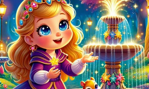 A young girl named Lila, with eyes shining like stars and golden hair, stands by a magical fountain. She has a delighted smile and rosy cheeks, her arms open as if embracing magic. Beside her, a small squirrel with sparkling eyes and a bushy tail joyfully dances on a stone, adding life to the scene. The setting is an enchanted glade, surrounded by majestic trees with shimmering leaves, where colorful flowers bloom under the soft moonlight. The fountain, at the center, is adorned with gemstones that shine like stars, and the water that flows from it is a bright blue, illuminating the surroundings. Lila, full of hope, reaches out to the fountain's water, ready to unleash the dormant magic. The atmosphere is filled with vibrant colors and light, creating a sense of joy and wonder.