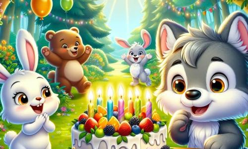 Al centro dell'immagine, un piccolo lupo di nome Lupoletto, con un morbido pelo grigio, occhi brillanti e un grande sorriso, soffia su cinque candeline di compleanno posate su una torta decorata con frutta colorata. Alla sua destra, un felice coniglietto di nome Briciola, con pelo bianco e grandi orecchie, applaude entusiasta, i suoi occhi brillano di gioia. A sinistra, l'orsetto Bruno, un orso bruno con un viso rotondo e amichevole, tiene un piccolo regalo tra le zampe, mostrando un sorriso orgoglioso e eccitato. Lo scenario si svolge in un parco incantato, pieno di alberi verdi, fiori vivaci e palloncini colorati che fluttuano nell'aria, creando un'atmosfera festosa. In secondo piano, i raggi di sole filtrano tra le foglie, illuminando la scena con una dolce luce dorata. La situazione principale mostra Lupoletto mentre esprime un desiderio prima di soffiare le candeline, circondato dai suoi amici, tutti ansiosi di festeggiare insieme il suo compleanno magico.