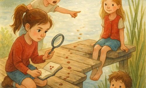 A focused 10-year-old girl, Millie, with brown hair in a ponytail kneeling on a weathered wooden dock, holding a shiny magnifying glass in one hand and an open sketchbook in the other; behind her, 10-year-old Ella, short blond hair, breathless and excited, points toward the dock edge at a trail of crumbs; about 11-year-old Sophie, long golden hair, smiling and a bit confused, wearing a red vest with two missing buttons, sits on the dock with her legs dangling over the water; Sophie’s ~5-year-old brother with a chocolate-sticky face hides in reeds near the shore holding a piece of wrapper. The setting is an old plank dock by a sparkling lake with tall grasses, green reeds, a leaning willow, mud traces, scattered brown crumbs and an open snack box on the wood. Main scene: Millie displays two small red buttons and follows a line of crumbs leading from the dock into the reeds where the chocolate-faced boy stands, childlike detective atmosphere, soft watercolor wash, warm golden evening light.