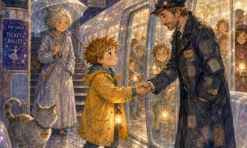 A gentle, determined 6-year-old boy with light chestnut spiky hair and large blue-green eyes, wearing an oversized yellow coat and muddy boots, holds a small orange lantern and walks on a pearly platform; Conductor Bram, about 40, kind but tired, in a coat patched with old tickets and a star cap, stands by the translucent subway door offering his hand; Mrs. Rill, a slim woman of about 60 in a shiny silver coat holding an intact umbrella, watches smiling from the top of a stair; a pale gray cat with a “HOME” tag walks on the translucent car seats with its tail raised; setting: a magical underground station with shimmering silver tiles, poster-wrapped columns, a warm “HOME STATION” sign, theater posters and hanging lamps creating a cozy neon-night atmosphere; main scene: the ghostly translucent train, its doors sighing open, carries glowing passengers holding small lights as the boy helps it find its stop, rain and reflections visible at the stair entrance.