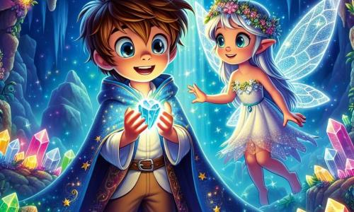 Um jovem feiticeiro chamado Oliver, com cerca de 10 anos, está no centro da cena, com cabelos castanhos bagunçados e um grande sorriso maravilhado. Ele usa uma capa azul celeste adornada com estrelas cintilantes e segura um cristal luminoso nas mãos, irradiando magia. Ao seu lado, uma delicada fada chamada Serenna, com asas prateadas e um vestido feito de pétalas de flores, flutua levemente acima do chão, com um olhar encorajador e benevolente. O cenário é uma caverna misteriosa, iluminada por cristais multicoloridos que brilham nas paredes, e uma cascata de água clara que flui suavemente ao fundo, criando uma atmosfera mágica e encantadora. A cena principal mostra Oliver se aproximando do Cristal da Amizade, pronto para tocá-lo, enquanto Serenna o observa com um sorriso cúmplice, cercados por uma aura de luz suave e calorosa.