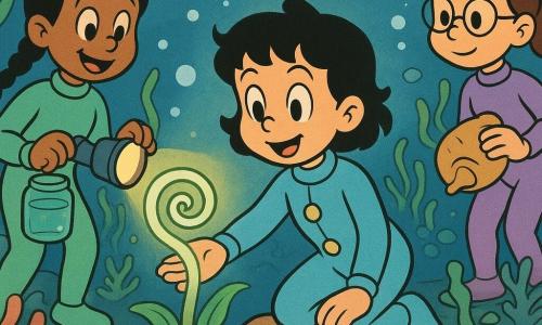 Há três meninas: Lia (~8 anos), cabelos curtos e negros em mechas rebeldes, olhos grandes e curiosos, veste uma roupa de mergulho azul celeste com botões amarelos, ajoelhada numa rocha subaquática no centro, estende a mão para uma planta espiral luminosa; Maya (~8 anos), cabelos longos trançados, tez morena, roupa de mergulho verde menta, à esquerda, sorri e segura um pequeno pote de vidro iluminado por uma lanterna estanque; Bia (~8 anos), cabelos castanhos presos, óculos redondos, roupa de mergulho lilás, à direita em segundo plano, calma e concentrada, usa uma concha para afastar areia. Local: jardim submerso perto de um recife de coral com rochas arredondadas, algas fluorescentes, anêmonas, cardumes de peixinhos prateados, bolhas luminosas e fundo azul profundo com brilhos prateados. Situação: as três descobrem a 