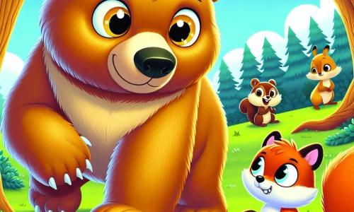 Um urso chamado Tobias, com um pelo dourado brilhante e olhos cheios de curiosidade, se posiciona corajosamente entre um pequeno esquilo chamado Chico, de olhos redondos e pelo marrom, e uma raposa astuta, com pelo ruivo e olhos maliciosos, pronta para se aproximar. Tobias tem uma expressão determinada, suas patas firmemente plantadas no chão, enquanto Chico, assustado, se esconde atrás dele, observando a raposa com preocupação. A cena acontece em uma clareira verdejante, cercada por árvores majestosas com folhas vibrantes, sob um céu azul pontilhado de nuvens brancas e fofas. No centro desta ilustração, Tobias defende corajosamente seu amigo Chico, pronto para protegê-lo das intenções traiçoeiras da raposa.