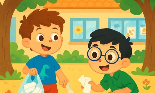 Há 2 personagens principais: - Lucas: um menino de 7 anos, com cabelos castanhos bagunçados e olhos brilhantes. Ele usa uma camiseta azul com um desenho de dinossauro e um short vermelho. Ele está à esquerda, sorrindo, com uma sacola de plástico cheia de papéis recicláveis. - Miguel: um menino de 7 anos, com cabelos pretos e óculos redondos. Ele veste uma camisa verde e uma calça bege. Ele está à direita, pegando um papel do chão, com um grande sorriso no rosto. O cenário é um pátio escolar ensolarado, cercado por grandes árvores com folhas verdes brilhantes. O chão é coberto de cascalho e algumas flores coloridas. Ao fundo, vê-se um prédio escolar com janelas iluminadas e desenhos de crianças pendurados nas paredes. A cena principal mostra Lucas e Miguel recolhendo papéis espalhados pelo chão. Eles estão alegres e determinados, com sacolas plásticas nas mãos, prontos para fazer a sua parte para ajudar o planeta. Pássaros cantam nas árvores, acrescentando uma atmosfera alegre à cena.