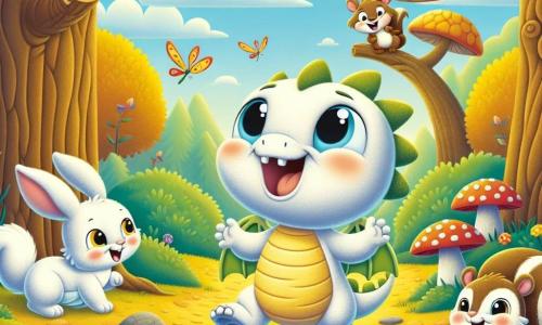 A small dragon named Puff, with a round belly and tiny wings, is laughing heartily, his eyes sparkling with joy. He stands in the center of the image, surrounded by his friends. To his right, an adorable bunny named Bella, with soft fur and long ears, is jumping for joy, her face beaming with happiness. To his left, a clever squirrel named Sam, with a bushy tail and mischievous eyes, is climbing a branch, laughing from his hiding spot. The setting is a sunny forest, with tall green trees, colorful flowers, and a blue sky dotted with white clouds. Colorful mushrooms on the ground add a touch of magic. The main scene shows the three friends playing a game of hide and seek, with Puff searching for his friends with a big smile, while Bella hides behind a wobbling mushroom and Sam hides behind a leaf, his tail sticking out.