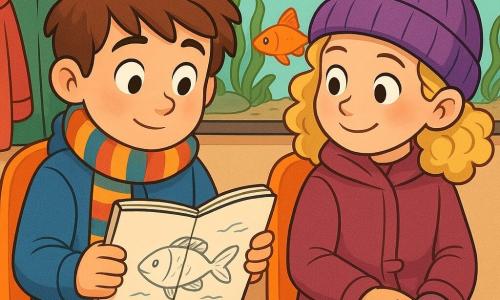 A 10-year-old boy, Noah, with tousled brown hair and cheeks rosy from the cold, is curiously looking at an open sketchbook in his hands. He is wearing a colorful striped scarf and a blue coat. Next to him, Mina, a 10-year-old girl with a purple pom-pom hat, is attentively observing Noah's drawing with an encouraging smile. Her curly blonde hair peeks out from her hat. They are in a cozy waiting room, with an aquarium filled with orange fish in the background, emitting a soft and soothing light. The main scene shows Noah and Mina sitting on plastic chairs, surrounded by colorful winter coats, while bubbles rise in the aquarium, creating a calm and reassuring atmosphere.