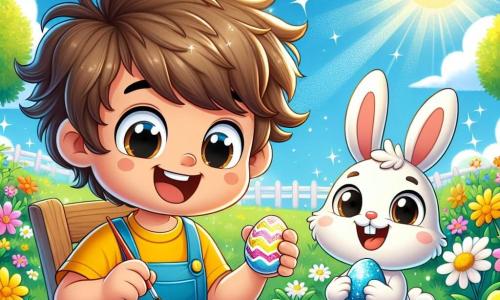 A 6-year-old boy named Benny, with messy brown hair and a big smile, is sitting at a wooden table in a sunny garden. He is wearing a bright yellow t-shirt and blue shorts, painting colorful Easter eggs with brushes. His eyes shine with excitement and joy. Next to him is Binky, a small Easter bunny with big ears and fluffy white fur. Binky has a mischievous look and is holding a sparkling egg in his paws, ready to show it to Benny. The garden is filled with vibrant flowers of all colors, with butterflies flying around. The sky is light blue, dotted with a few fluffy white clouds, and the sun is shining brightly. The main scene shows Benny and Binky creating magical Easter eggs, surrounded by laughter and colors, while sparkles of light shimmer around them, symbolizing the magic of Easter.