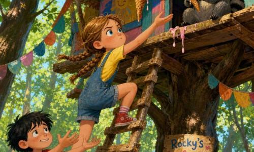 An 8-year-old girl, Lily, round-faced with freckles, bright blue eyes and light-brown hair in two braids, looks determined as she climbs a wobbly wooden ladder to a treehouse, reaching for a suspended ice cream cone; an 8-year-old boy, Max, with messy black hair and a worried smile, stands below ready to catch her, while a gray raccoon named Rocky, with a black eye mask and a cream-sticky muzzle, sits on the platform holding a half-eaten cone; the colorful treehouse, hidden in a sunlit forest, has painted planks, paper garlands and emerald leaves, and the scene shows a tense, heroic moment of a child daring to reach a high, melting sweet.