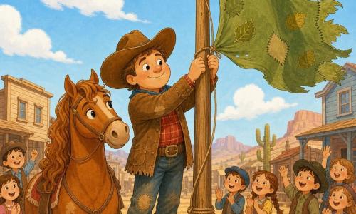 Un vaquero sonriente y decidido, rostro redondo, piel clara, gran sombrero marrón de cuero, camisa a cuadros roja, chaqueta marrón gastada y botas polvorientas, sostiene un gran paño verde remendado con hojas y coloca la banderola en un mástil; a su lado una yegua llamada Amapola, dulce, de pelaje castaño brillante y crin ondulada, inclinando la cabeza con mirada afectuosa y algo polvorienta; al fondo unos niños del pueblo aplauden con pequeñas sonrisas frente a casas de madera claras, suelo polvoriento ocre, mástil alto, cactus y colinas suaves bajo un cielo azul con nubes blancas; escena central alegre con la bandera reparada ondeando al viento, colores vivos y movimiento de la tela, luz cálida del sol; estilo gráfico de líneas suaves, colores pastel saturados y texturas de papel y lápiz, composición simple y legible para un niño pequeño.