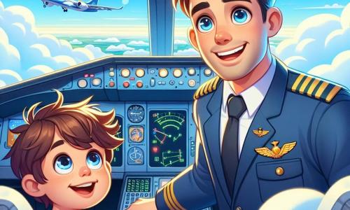 Un giovane di nome Marco, di circa 25 anni, si trova nella cabina di pilotaggio di un aereo, con gli occhi brillanti di eccitazione e un ampio sorriso sul volto. Indossa una giacca da pilota blu decorata con distintivi dorati, e i suoi capelli castani sono leggermente scompigliati dal vento. Marco guarda fuori dal finestrino, meravigliato dalla vista spettacolare delle nuvole sottostanti. Accanto a lui, un ragazzo di nome Luca, di circa 8 anni, è seduto sul sedile del passeggero. Ha grandi occhi curiosi e capelli castani arruffati. Luca guarda Marco con ammirazione, pronto ad ascoltare ogni parola del pilota. La cabina è piena di luci lampeggianti e comandi colorati, con un cruscotto complesso che brilla sotto il sole. All'esterno, il cielo è di un blu intenso, punteggiato di nuvole bianche e soffici, mentre la terra sottostante è un mosaico di campi verdi e fiumi scintillanti. La scena principale mostra Marco che pilota l'aereo, con Luca al suo fianco, mentre si alzano in volo, scoprendo insieme la magia del volo e la bellezza del mondo visto dall'alto.
