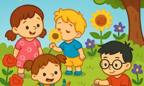 Es gibt 4 Kinder: - Mia: ein 2-jähriges Mädchen mit braunen Haaren und Zöpfen. Sie trägt ein rosa Blumenkleid und lächelt, während sie die Blumen betrachtet. - Max: ein 2-jähriger Junge mit zerzausten blonden Haaren. Er trägt ein blaues T-Shirt und eine gelbe Shorts und riecht neugierig an einer Blume. - Emma: ein 2-jähriges Mädchen mit kastanienbraunen Haaren und Zöpfen. Sie trägt eine grüne Latzhose und hält Buntstifte in der Hand, bereit zum Zeichnen. - Tom: ein 2-jähriger Junge mit schwarzen Haaren und einer Brille. Er trägt ein rotes T-Shirt und eine blaue Shorts und sitzt im Gras, während er eine kleine Mauer aus Steinen baut. Der Ort ist ein sonniger Garten, gefüllt mit bunten Blumen: rote Rosen, gelbe Sonnenblumen und Veilchen. Das Gras ist grün und weich, und ein großer schattiger Baum steht neben den Kindern, mit glänzenden Blättern, die im Wind tanzen. Die Hauptsituation zeigt die Kinder, die zusammen Spaß haben, indem sie die Blumen riechen und bunte Zeichnungen auf den Boden machen. Sie lachen und spielen, umgeben von der Schönheit des Gartens, und schaffen einen fröhlichen und magischen Moment der Freundschaft.
