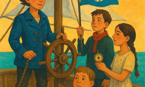 Captain Mira, woman with a determined yet gentle face and a slight smile, in a worn blue sailor jacket and brown leather boots, short chestnut hair wind-swept, holding the mast rope with one hand and the wheel with the other, standing straight and confident; Tessa, about 12, brown braided hair, simple cream dress stained with ink, holding a small golden compass against her palm and looking at the flag forward of the mast, standing near the stern; Finn, about 13, tall and thin with a red scarf, holding a brass bell ready to ring, standing middeck and watching the horizon; Ludo, about 10, round-faced with flour smudges, clutching a white cloth bandage to his chest, sitting on a barrel by the rigging; the setting is the light-wood deck of a small pirate ship named Sea Star with worn planks, coiled ropes, a central mast with crumpled white sails, a blue-green gleaming sea and a wide orange morning sky; the crew raises a small sewn flag showing two hands clasping, the wind begins to lift it, warm light gilds their faces, mood of hope and confidence.