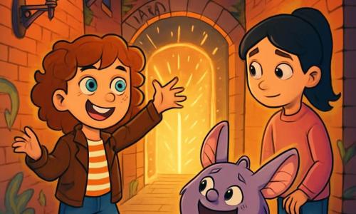 There are three characters: Tilly, a 10-year-old girl with curly auburn hair and sparkling green eyes, wearing a leather jacket and a striped t-shirt, standing in the center with her arms raised enthusiastically, ready to explore. Annabelle, also 10, has smooth black hair tied in a ponytail and bright blue eyes, dressed in a pink sweater and jeans, slightly off to the side with a curious look and a shy smile. Flibble, a round and furry fantastical creature with large ears and a small nose, is purple with yellow spots, standing next to Tilly, grinning widely while holding a small shiny stone in his paws. The setting is Parker Alley, a narrow and mysterious alley lined with old brick buildings, where vintage street lamps emit a soft golden light. The walls are adorned with colorful graffiti and carved vines, and a sparkling portal opens in the center, casting a magical glow. The main scene shows Tilly and Annabelle, amazed, discovering the magical portal just opened in the wall. Tilly, full of energy, points at the portal, while Annabelle, intrigued and a bit hesitant, looks at Flibble, who encourages them to enter this fantastical world.