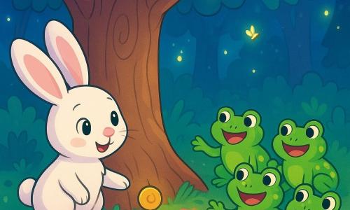 Un pequeño conejo blanco llamado Tico, con grandes orejas suaves y ojos chispeantes de curiosidad, se encuentra frente a un majestuoso árbol, sonriendo con asombro. Tiene un pelaje sedoso y un pequeño nariz rosa que tiembla de emoción. Cerca, un grupo de ranas verdes con ojos redondos y brillantes, y manchas amarillas en la espalda, cantan alegremente formando un círculo alrededor de Tico, con sus rostros radiantes de felicidad. El lugar es un bosque encantado, bañado por una suave luz lunar, donde las hojas de los árboles brillan como estrellas y las luciérnagas bailan en el aire fresco. El suelo está cubierto de pétalos coloridos que crean un camino mágico. La situación principal muestra a Tico descubriendo un pequeño botón dorado escondido en la base del árbol, listo para presionarlo con una expresión de sorpresa y alegría, mientras las ranas lo animan con croar entusiastas.