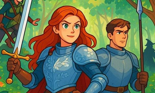 In the heart of an enchanted forest, a fearless knight, Lady Elara, stands proudly. She has shiny auburn hair, sparkling emerald eyes filled with determination, and wears gleaming armor adorned with floral patterns. Her face shows resolute confidence as she wields her sword, Seraphine, ready to defend her kingdom. Beside her, Sir Cedric, a young knight around 25 years old with brown hair and a muscular build, holds a lance, his gaze focused on the path ahead. A little further back, Lady Mira, a nimble archer of 22 with black hair and bright eyes, climbs a tree, her bow slung over her shoulder, carefully observing the surroundings. The setting is a lush forest with majestic trees, sparkling leaves, colorful flowers scattered on the ground, and rays of sunlight filtering through the foliage, creating a magical atmosphere. The main scene shows Lady Elara and her companions preparing to confront the evil witch, a menacing shadow looming in the distance, while a gentle breeze makes the leaves dance around them, heightening the tension and excitement.