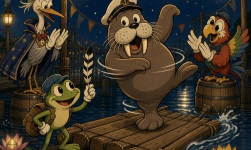A bright green frog with shiny round eyes smiles mischievously, holding a black-and-white striped feather, wearing a jaunty cap and canvas backpack while bowing on a wooden plank; nearby a rotund walrus named Captain Barnaby with thick white whiskers and a worn captain's hat sits on a wooden raft, surprised but joyful as he makes a tiny pirouette with a flipper ready to push; costumed birds—a dapper heron in a cape and a colorful parrot—applaud from nearby barrels; the scene is Moonlight Pier at night with glass lanterns casting soft yellow light, silver reflections on calm water, bunting and decorated lily pads, the frog triumphant with the feather as the raft glides and the round moon reflects in the milky sky.