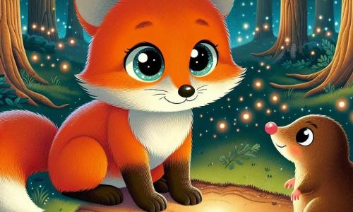 Ein kleiner, leuchtend orangefarbener Fuchs namens Felix steht im Mittelpunkt der Szene, mit einem sowohl neugierigen als auch etwas besorgten Blick, während seine großen, glänzenden Augen das Licht der Sterne reflektieren. Sein Fell ist weich und seidig, und sein langer, buschiger Schwanz ist leicht nach hinten gebogen. Rechts von ihm schaut ein kleiner Maulwurf mit braunem Fell und kleinen Pfoten Felix mit einem freundlichen Lächeln an, seine Augen strahlen Verständnis aus. Er wirkt beruhigend und ermutigend, bereit, seinem Freund zu helfen, seine Angst zu überwinden. Die Szene spielt in einer verzauberten Lichtung des Waldes, beleuchtet vom sanften Licht des Mondes und von Tausenden kleiner Glühwürmchen, die um sie herumtanzen und eine magische und warme Atmosphäre schaffen. Majestätische Bäume bilden einen Rahmen um die Lichtung, deren Blätter sanft im nächtlichen Wind rauschen. Felix, der eine kleine Taschenlampe hält, bereitet sich darauf vor, die Nacht zu erkunden, während die Glühwürmchen um sie herum funkeln und die verborgene Schönheit der Dunkelheit symbolisieren.