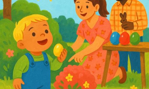 Een vrolijke en verwonderde jongen van 2 jaar met kort blond haar, ronde wangen, groene trui en blauwe tuinbroek houdt een klein glanzend geel ei vast en kijkt naar de lucht; een glimlachende moeder van ongeveer 30 jaar met kastanjebruin haar in een paardenstaart en een roze bloemenjurk hurkt bij een roze struik en wijst naar een verborgen ei; een lachende vader van ongeveer 35 jaar met lichte baard en geruite blouse staat bij een houten tafel met rood, blauw en groen beschilderde eieren, houdt een klein chocoladekonijntje vast en kijkt naar zijn zoon; zonnige ochtend in een helder tuin met zacht groen gras, kleine roze en gele bloemen, een grote groene struik en boom, mandje met kleurrijke eieren aan de voeten van de jongen, warme speelse sfeer en zichtbare gouache-achtige texturen.