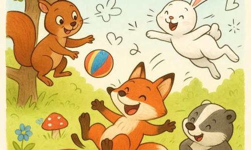 Die Hauptfigur ist ein kleiner roter Fuchs mit runden, schelmischen Augen und buschigem Schwanz, lachend auf dem Rücken liegend mit erhobenen Pfoten; Lilli, ein braunes Eichhörnchen mit großem Schweif, sitzt links auf einem niedrigen Ast und reicht eine Pfote nach dem Ball; Max, ein weißer Hase mit langen rosafarbenen Ohren, springt rechts freudig in die Luft; Oskar, ein grauer Dachs, liegt in der Mitte am Boden und erholt sich lachend von einem Sturz; die Szene spielt in einer sonnigen Waldlichtung mit grüner Wiese, vereinzelten blauen und gelben Blumen, roten Pilzen und einer großen Eiche, die Freunde tanzen eine schiefe Polonaise, dazu eine bunte Ball und ein rotes Picknicktuch, fröhliche Stimmung, kräftige Farben und weiche, runde Konturen.