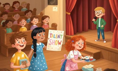 There are four 9-year-old children: a tousled brown-haired boy in a flour-stained yellow T-shirt holding a cookie box at the front left, smiling; a black-haired girl with a braid in a blue polka-dot dress holding a colorful "Talent Show" poster at center slightly behind the boy, proud; a fair-skinned bespectacled boy in a green jacket holding a microphone on a small stage at right ready to present; and a red-haired curly girl in a pink apron with crumbs carrying a tray of cupcakes at the front right leaning toward a sales table. The setting is a school auditorium seen half-shot with a red velvet curtain behind the stage, varnished wooden benches filled with blurred children and parents, warm spotlights creating areas of light and shadow, and a simple wooden sales table in the foreground covered with checkered cloths and pastry boxes. The scene shows the children running a cheerful, lively fundraiser—selling baked goods and putting on a show—bright faces, crumbs, cookie boxes, colorful posters, hands exchanging money, and a modest but supportive atmosphere.