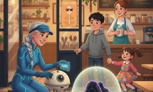 A determined, kind-eyed heroine kneels beside a small drone, repairing a cracked crystal with a gloved hand; she wears a tight comet-blue suit with cyan light lines, a visor folded on her brow and a long silver braid. A relieved, admiring 12-year-old boy in a gray hoodie stands at the café entrance holding his little sister’s hand; the joyful 6-year-old girl in a colorful dress and pigtails dances nearby in the warm café light. A thirty-ish barista in a teal apron watches from the counter with an encouraging smile and a steaming cup. The round cream-metal drone with three thin legs and a lens-eye projecting a fuzzy mini-hologram reading HOME sits on a table. A compact, undulating shadow-creature with cracked black-glass texture and violet highlights is contained beneath a pale light dome at the café’s center, its edges trembling but not threatening. The setting is the warm interior of Sunspoon café with large black-framed windows, yellow lights, hanging plants, cinnamon pots, a poster of a cartoon spoon in sunglasses, light wooden tables and patterned tile; the scene is tender and dynamic, the heroine protecting the lost drone and gently containing the shadow while the neighborhood gathers in a cooperative, warm atmosphere contrasted by the shadow’s violet reflections.