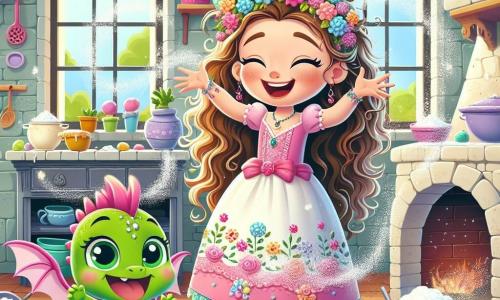 Die Prinzessin Lila, ein etwa 8-jähriges Mädchen mit langen, lockigen Haaren und einem rosa Kleid, das mit bunten Blumen verziert ist, lacht herzlich, während sie in der Mitte der Küche steht und mit Mehl bedeckt ist. Ihre Augen strahlen vor Schalk und Aufregung, was zeigt, wie viel Spaß sie trotz des Chaos hat. Neben ihr schwebt Flappi, ein kleiner, lebhafter grüner Drache mit schimmernden Flügeln und einem schelmischen Lächeln, fröhlich in der Luft. Er bläst magische Blasen, die sich um sie herum verteilen und der Szene einen Hauch von Magie verleihen. Die Küche ist geräumig und hell, mit großen Fenstern, die Sonnenlicht hereinlassen. Regale voller bunter Töpfe und Küchenutensilien sind sichtbar, während ein großer Steinofen sanfte Wärme abgibt. Mehl und verstreute Zutaten schaffen eine fröhliche und chaotische Atmosphäre. Die Hauptsituation zeigt Lila und Flappi mitten in ihrem kulinarischen Abenteuer, lachend, während sie versuchen, einen Kuchen zu backen, aber schließlich ein lustiges Durcheinander mit Mehl überall schaffen und die Küche in ein wahres Schlemmer-Schlachtfeld verwandeln.